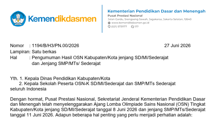 Pengumuman Hasil OSNK 2026
